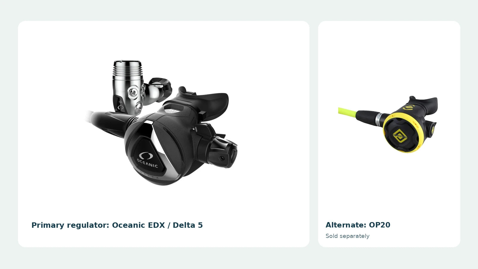 Oceanic EDX / Delta 5 primary regulator beside a yellow Ocean Pro OP20 alternate second stage, sold separately