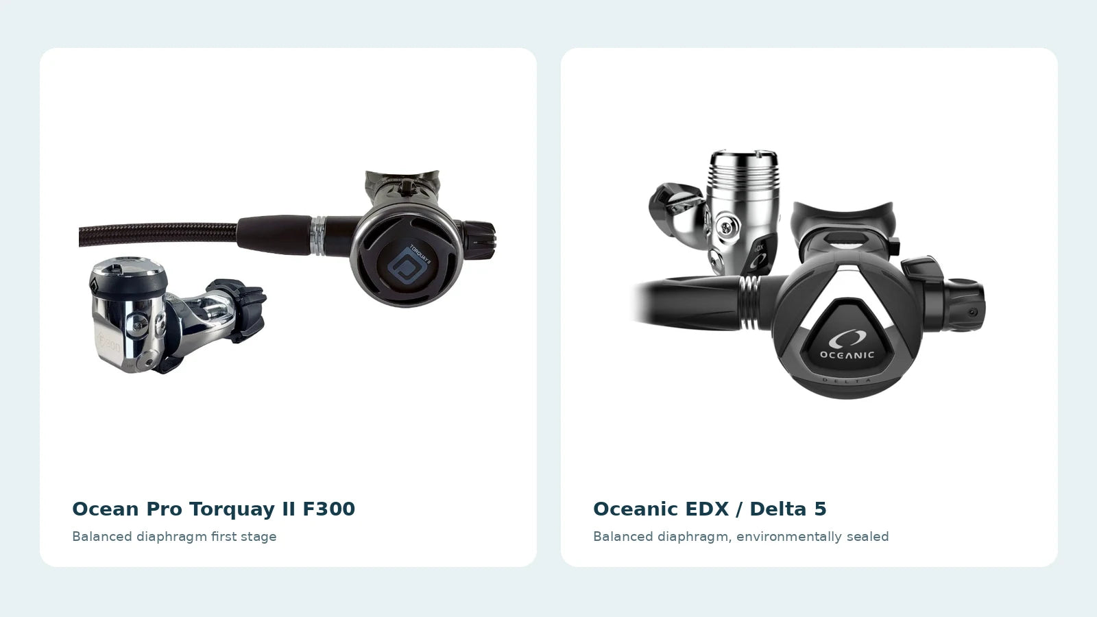Frog Dive product photos of the Ocean Pro Torquay II F300 and Oceanic EDX / Delta 5 regulators side by side